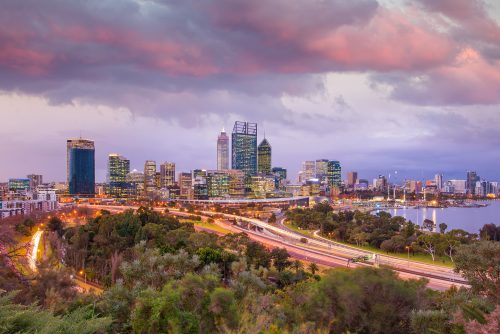 Downtown Perth skyline in Australia at twilight