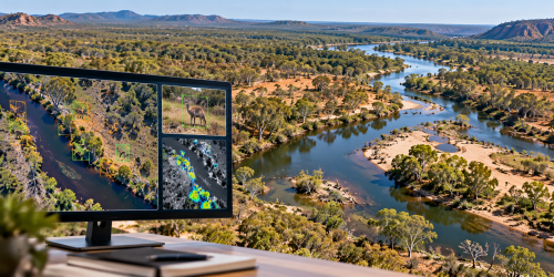 Drone conducting a fauna survey above Australian bushland to support wildlife monitoring and environmental assessments.
