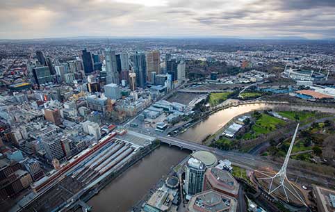 Aerial drone photo of Melbourne city at sunrise.