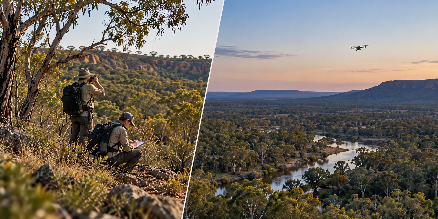 UAV Fauna Surveys for Environmental Assessments in Australia UAV operator conducting an aerial survey of Australian bushland to support fauna monitoring and environmental assessment.